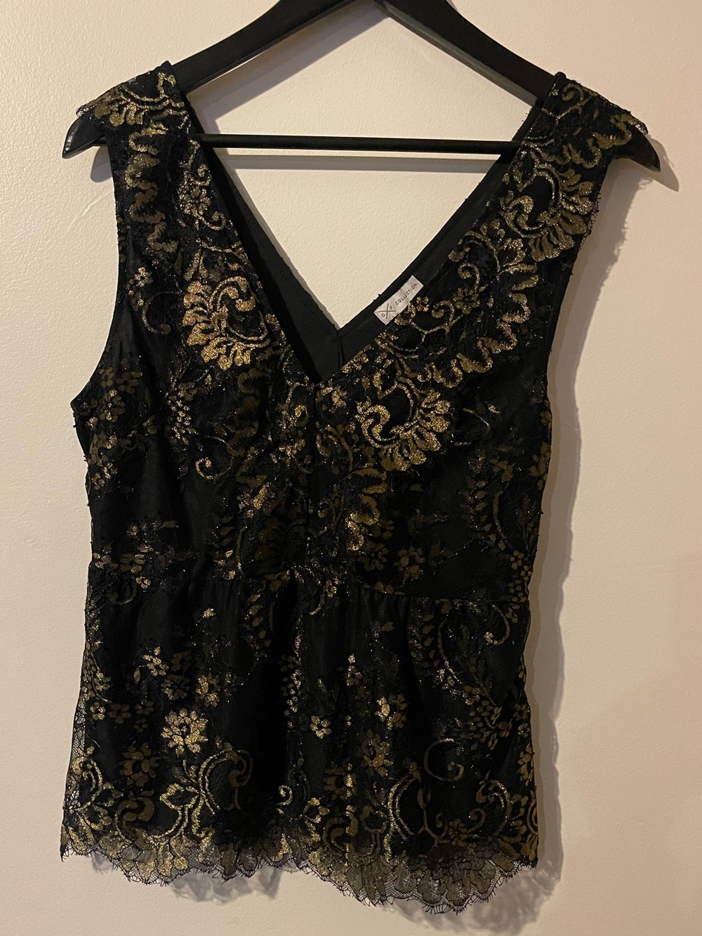 GX Collection Black Gold Metallic Lace V Neck Peplum Top 2